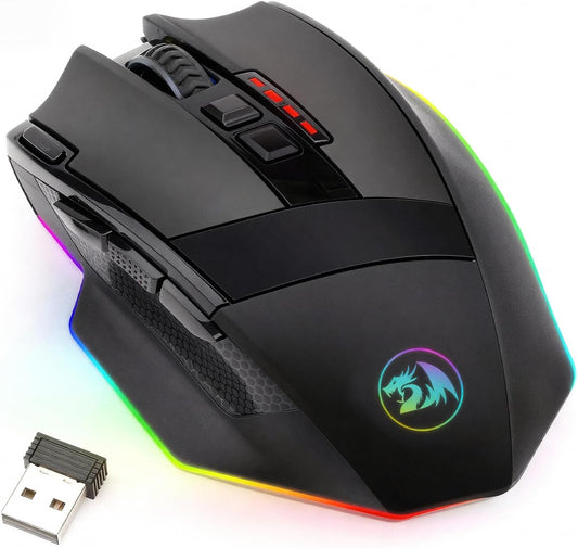 M801 PC Gaming Mouse LED RGB Backlit MMO 9 Programmable Buttons Mouse with Macro Recording Side Buttons Rapid Fire Button for Windows Computer Gamer (Wireless, Black)