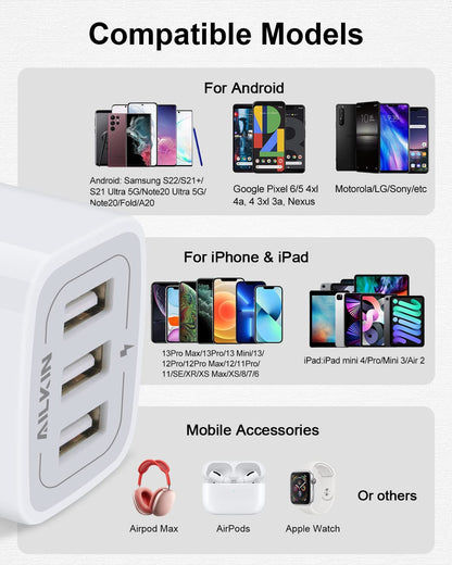 USB Charger Cube, Wall Charger Plug,  3.1A 3-Muti Port USB Adapter Power Plug Charging Station Box Base for Iphone 17 16 15 14 13 12 Pro Max Mini SE 11 Pro Max Samsung Phones Charging Block